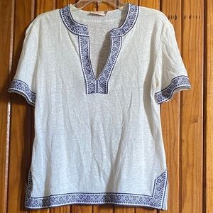 Tory Burch Cream Top with Navy Folk Embroidery Size S